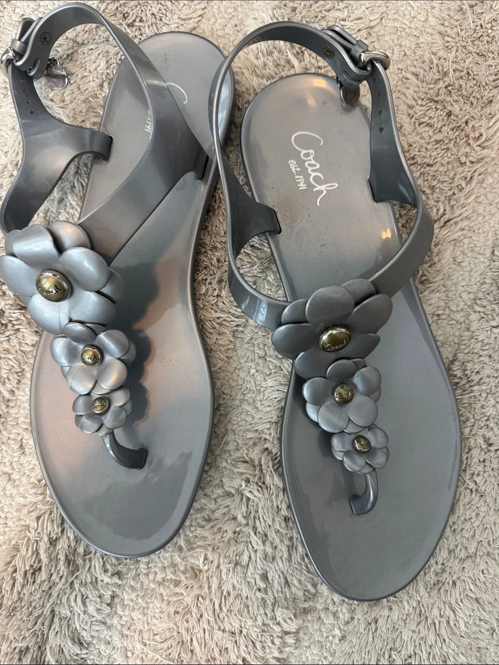 Coach Women's Silver Floral Jelly Sandals with Gold Accents size 10